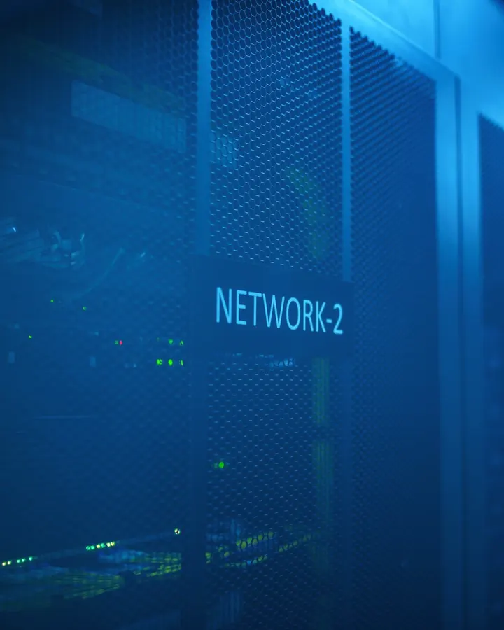Server cabinets lit blue in a secured network room